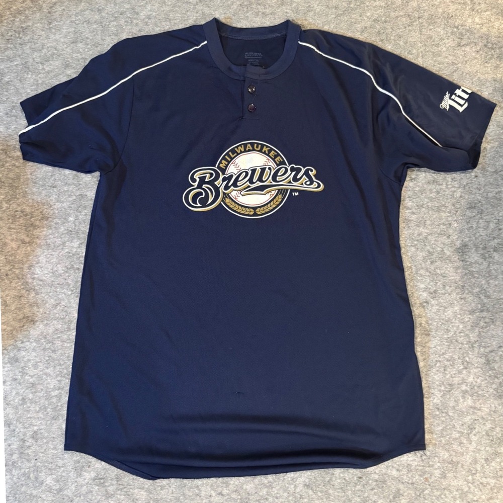 Augusta Milwaukee Brewers Miller Lite Henley Baseball Jersey Navy Blue Mens XL